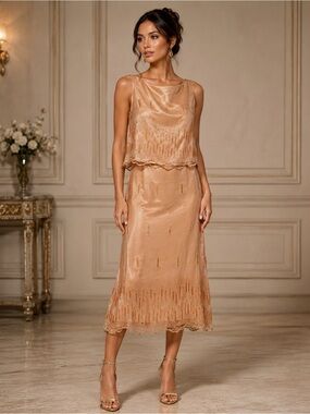 Couture Sequined dress designed by Jed Sevilla ~ 2 Piece ~Creamy Taupe